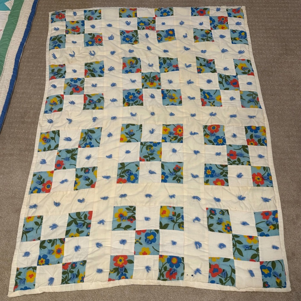 Vintage Handmade Floral Patchwork Tied Quilt Blue Red Yellow 38x51